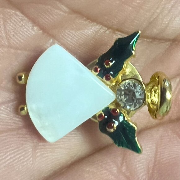 Vintage White Shell Gold Tone Angel Rhinestone Small Pin Brooch Birthstone - Picture 6 of 9
